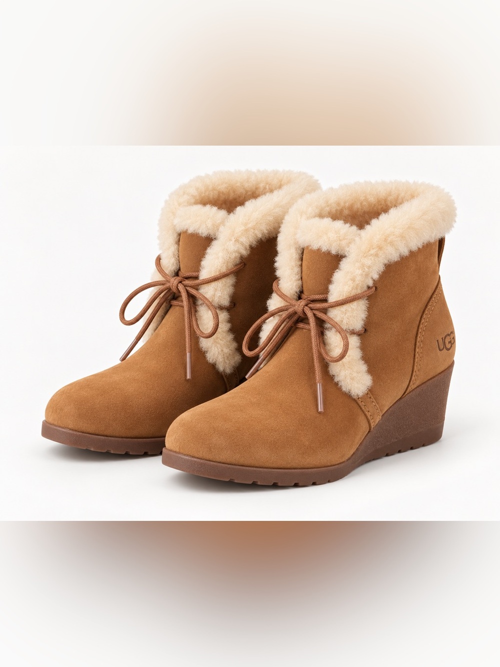 Brand New UGG Women’s Chestnut Suede Shearling Lace-Up Wedge Ankle Boots size 8